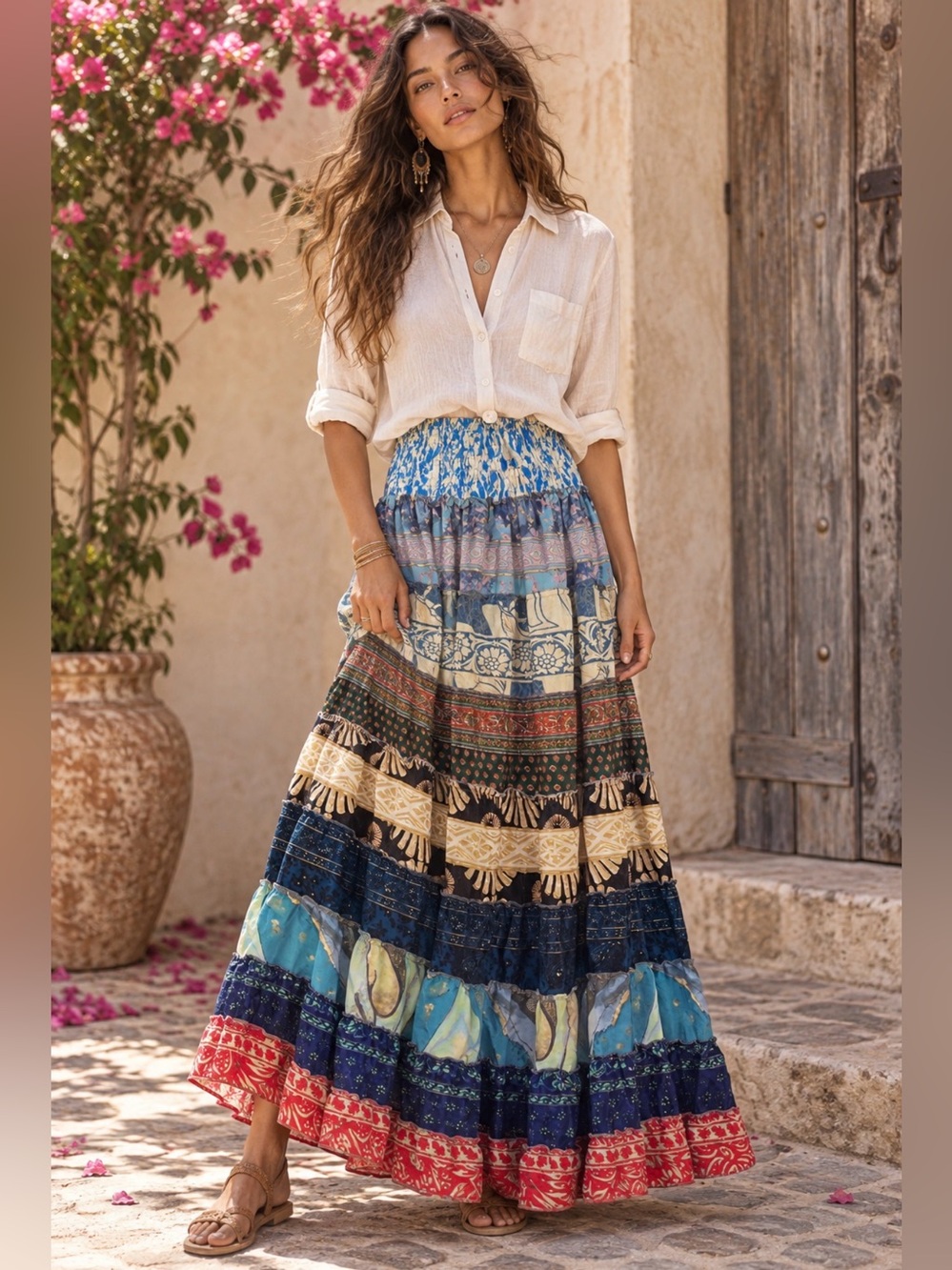 Boho Tiered Maxi Skirt in Blue, Red, Cream